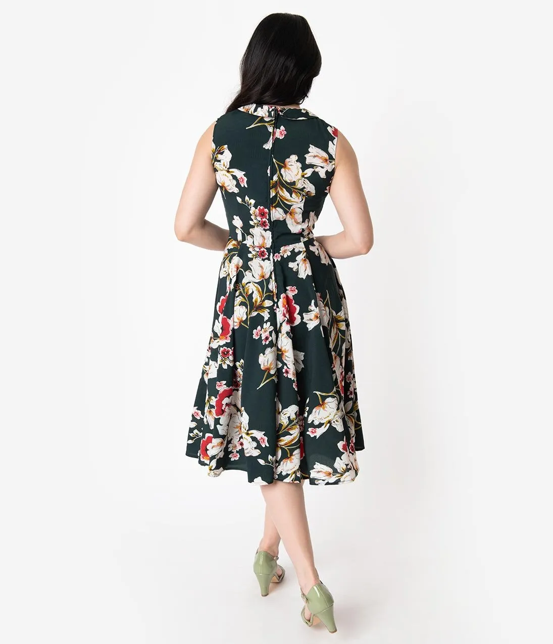 Unique Vintage 1940s Hunter Green & Pink Floral Olson Swing Dress