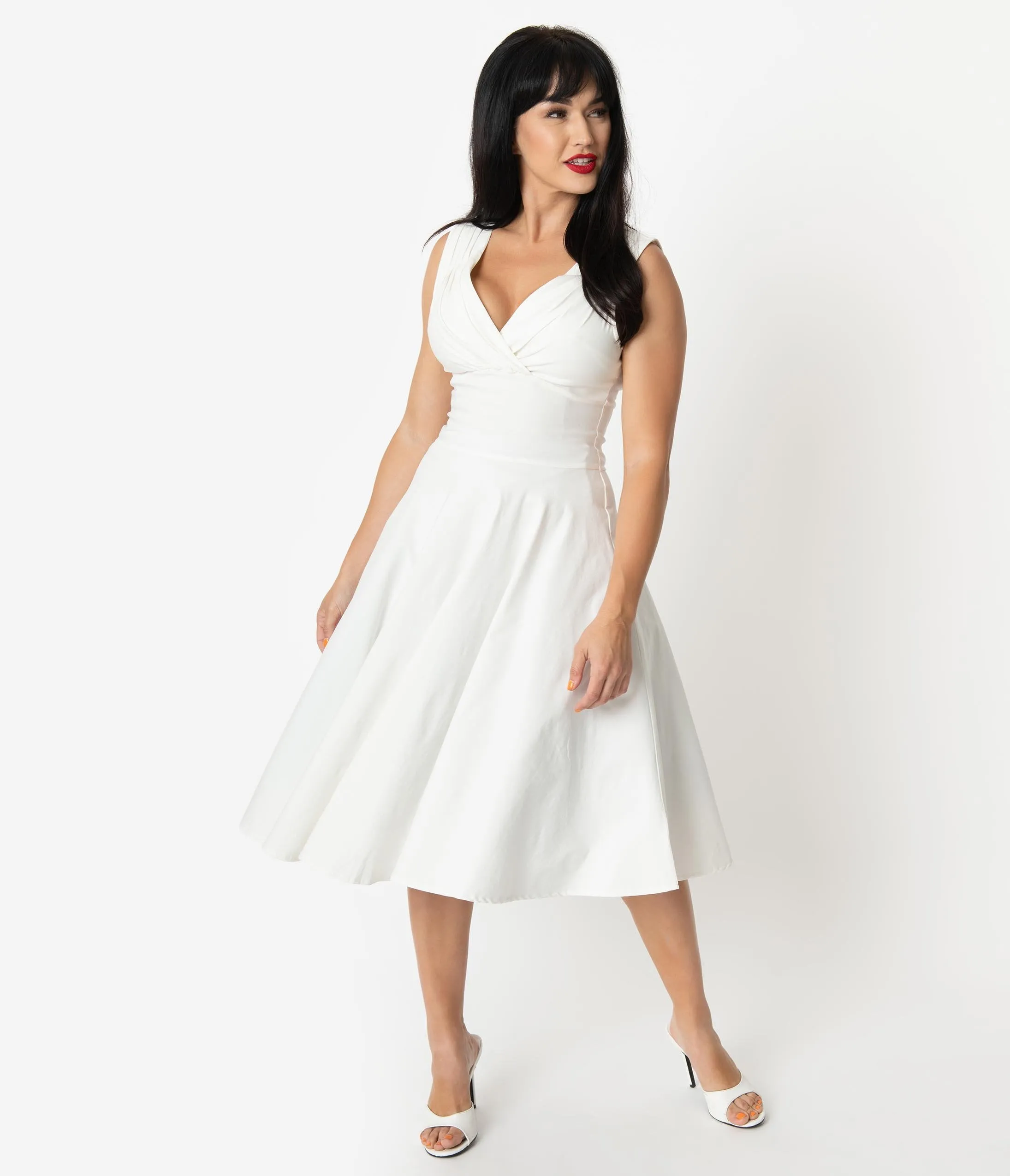 Unique Vintage 1950s Style Ivory Sleeveless Delores Swing Dress