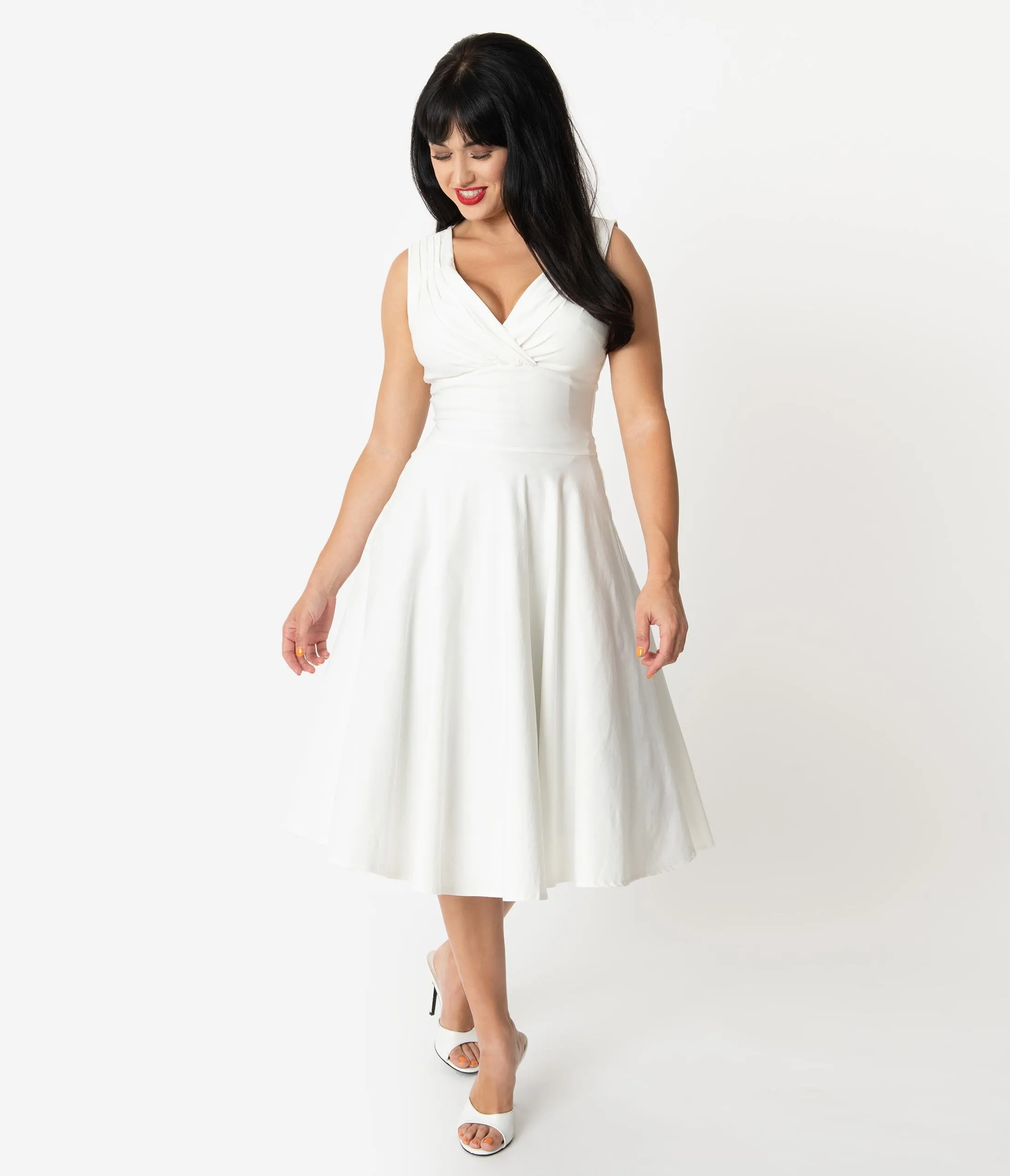 Unique Vintage 1950s Style Ivory Sleeveless Delores Swing Dress