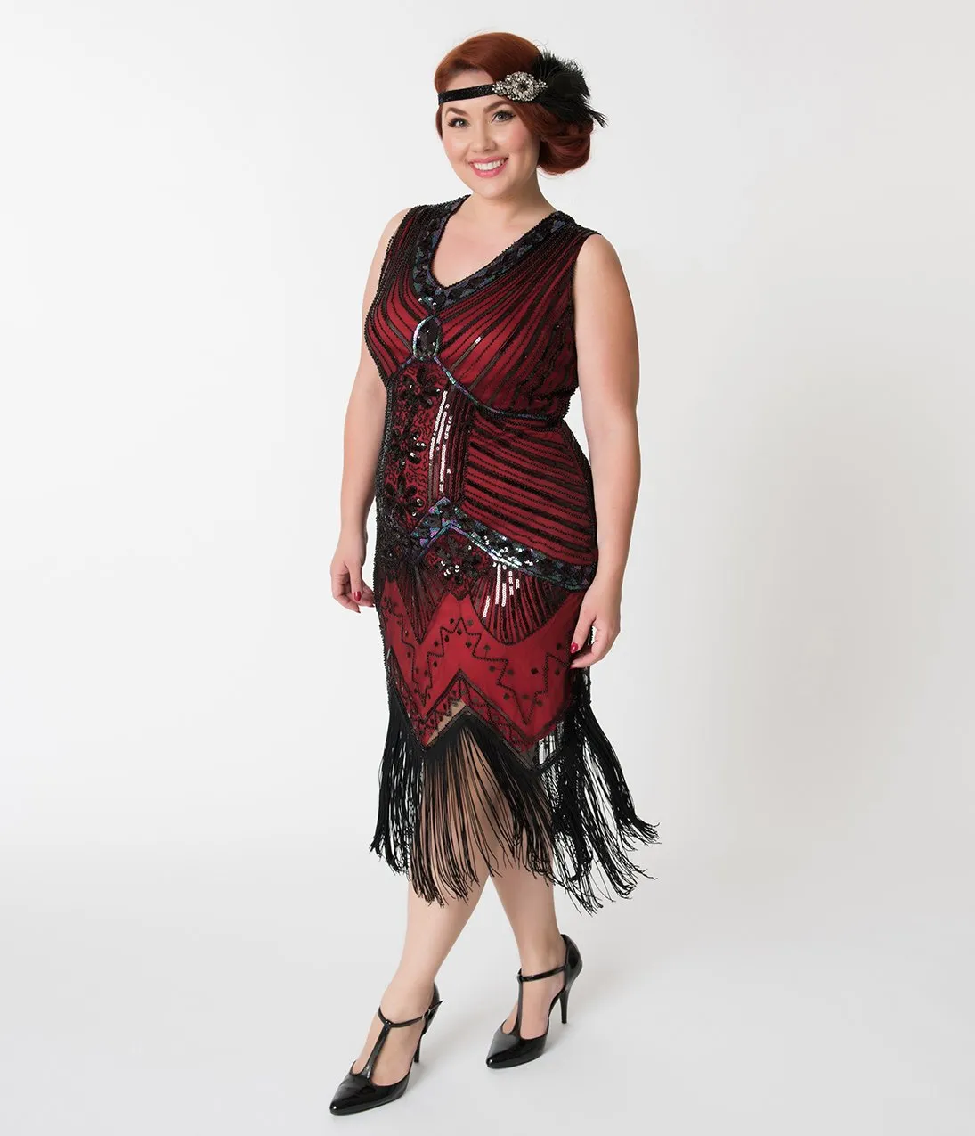 Unique Vintage Plus Size 1920s Deco Red & Black Veronique Fringe Flapper Dress