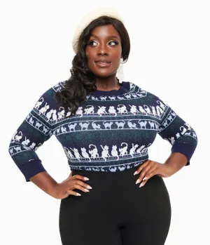 Unique Vintage Plus Size 1940s Navy & White Cat Pattern Lorelai Sweater