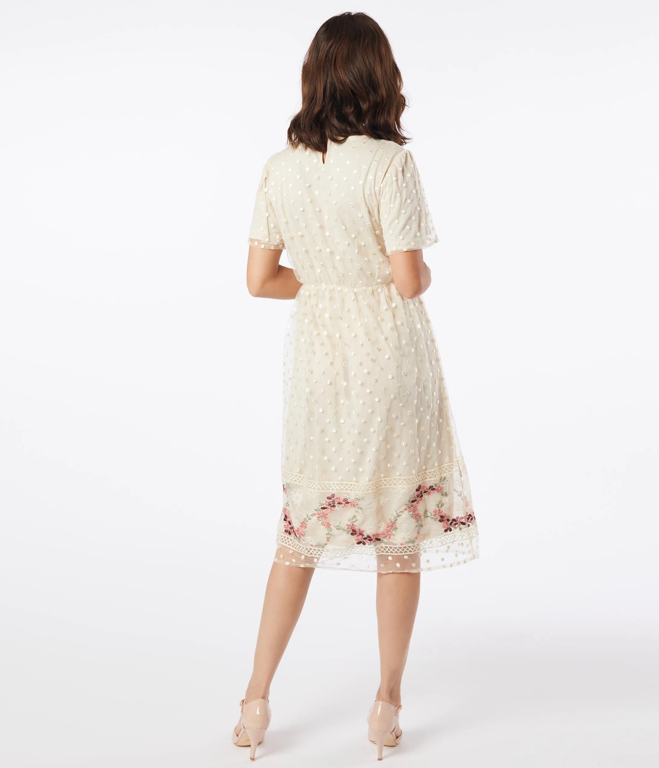 Vintage Style Cream Swiss Dot Midi Dress