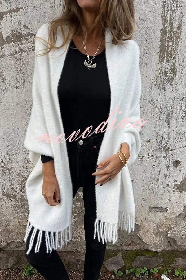 Warm Corner Knit Plush Tassel Trim Relaxed Shawl Cardigan