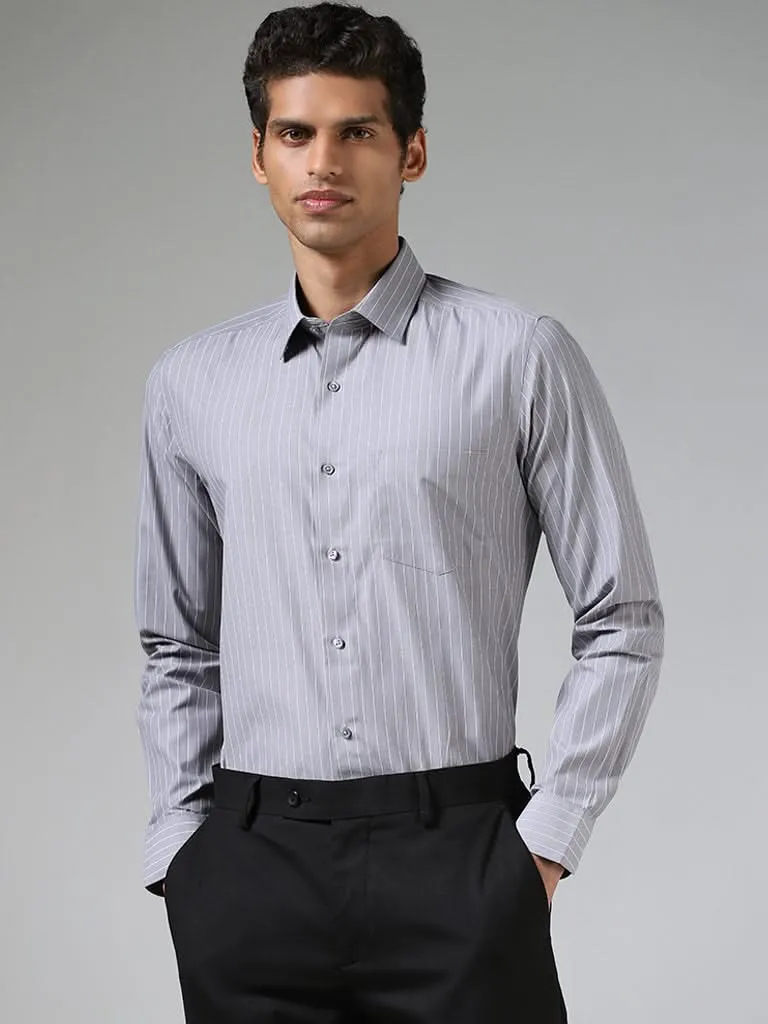 WES Formals Grey Striped Slim-Fit Shirt