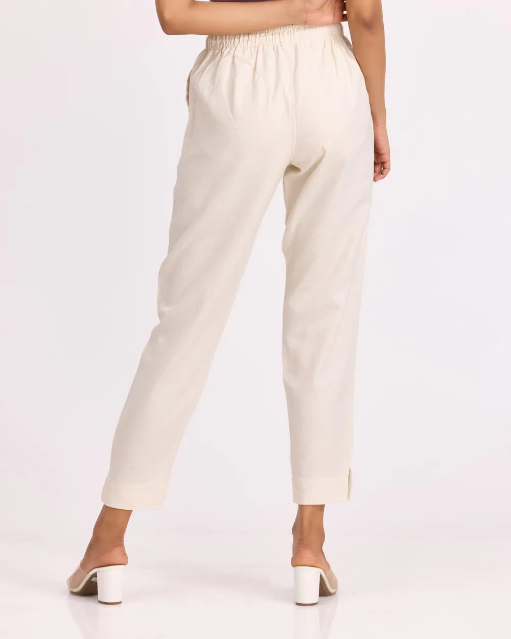 Women Cream Linen - Blend Trousers