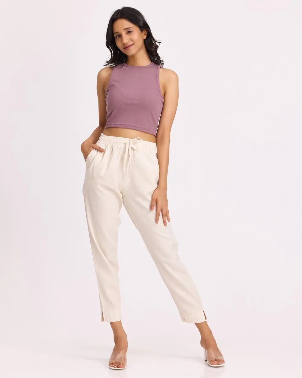 Women Cream Linen - Blend Trousers