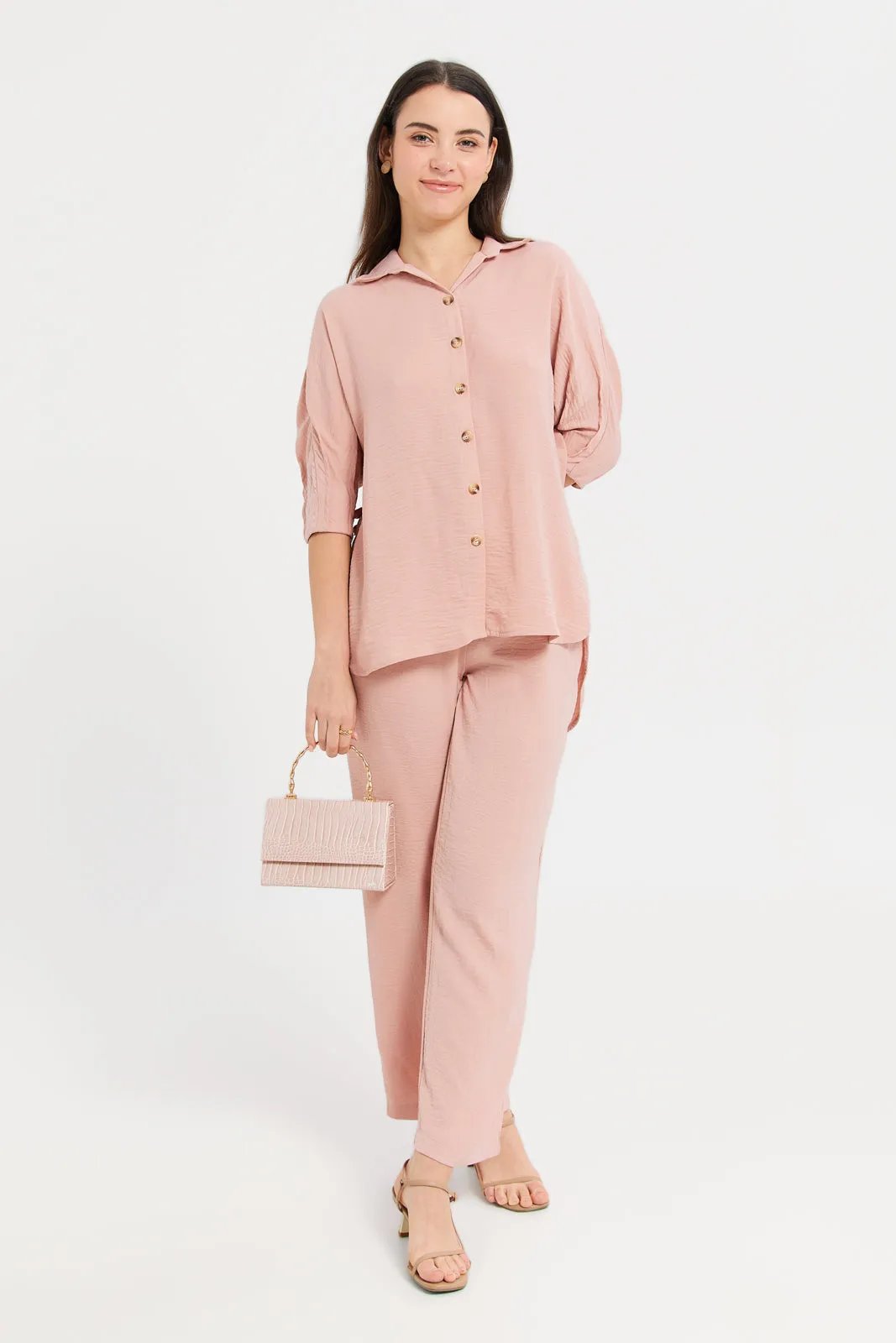 Women Pink Blush Sleeve Pleat Detail Shirt