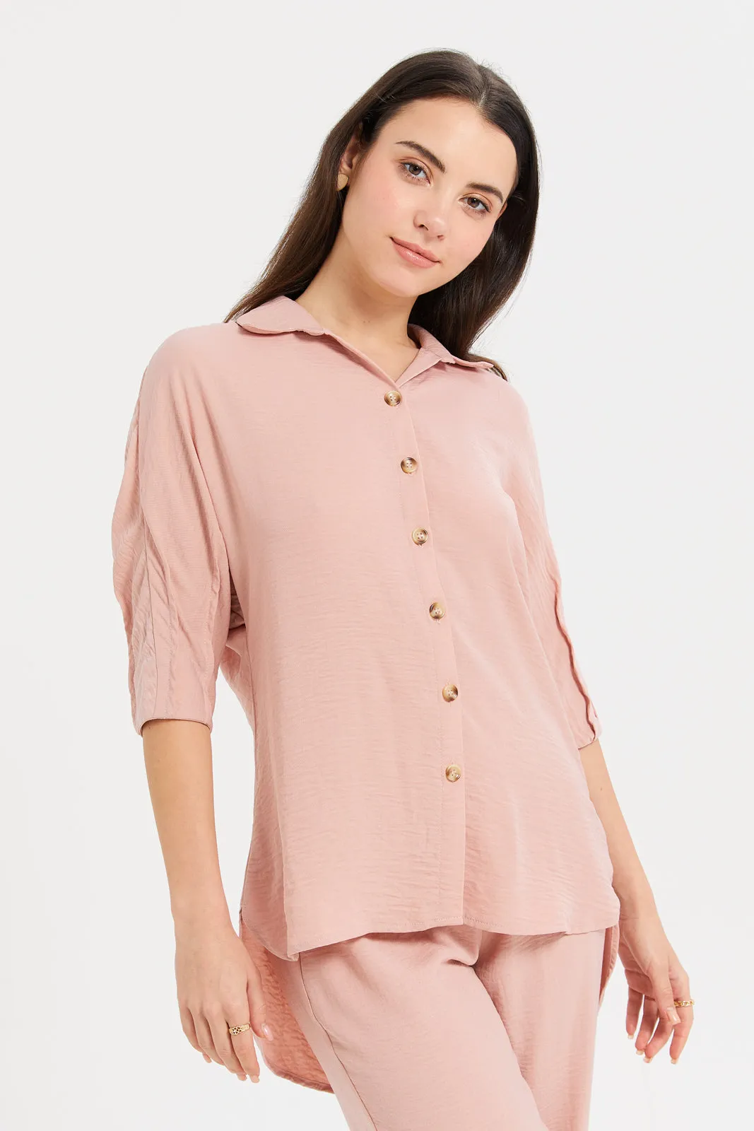 Women Pink Blush Sleeve Pleat Detail Shirt