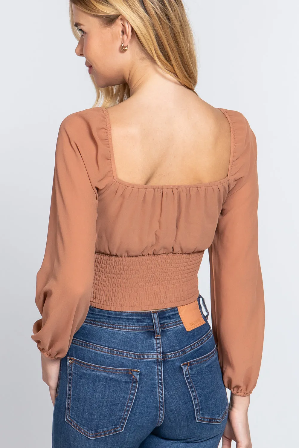 Women's Long Sleeve Front Tied Ruched Detail Woven Top