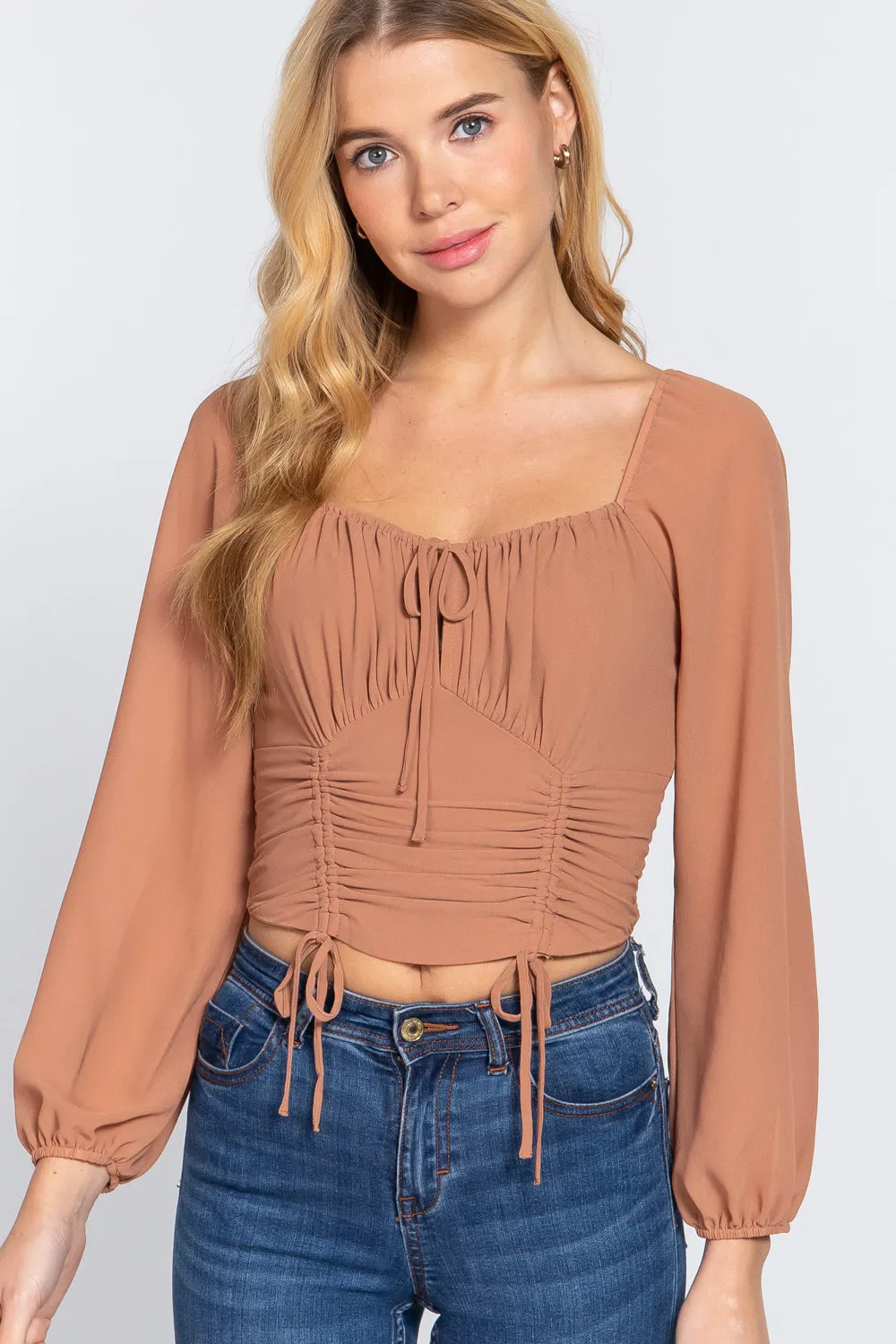 Women's Long Sleeve Front Tied Ruched Detail Woven Top